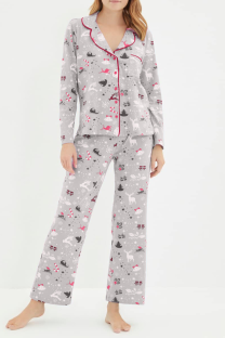 Grey Daily Party Wapiti Santa Claus Patchwork Contrast Christmas Day Sleepwear