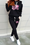 Blue Casual Print Draw String Pocket Patchwork Hooded Long Sleeve Two Pieces