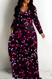 Deep Pink Casual Print Patchwork O Neck Long Dresses