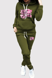 Green Casual Print Draw String Pocket Patchwork Hooded Long Sleeve Two Pieces