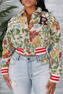 Apricot Casual Letters Embroidered Turndown Collar Outerwear