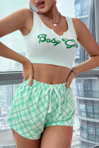 Green Sexy Vintage Plaid Letter Print Draw String Contrast Sleepwear