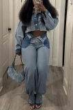 Blue Casual Patchwork Buttons Contrast Turndown Collar Long Sleeve Two Pieces