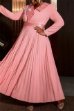Pink Casual Party Solid Color Sequins Patchwork V Neck Pleated Dresses