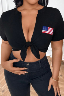 Black Sexy Print Patchwork Strap Design Cardigan Collar T-Shirts