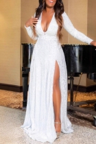 White Sexy Formal Elegant Solid Color Sequins Slit Deep V Neck Long Dresses