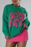 Green Casual Letters Basic O Neck Tops