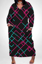 Black Rose Red Casual Print Pocket Patchwork V Neck Straight Plus Size Dresses