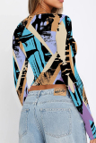 Red Blue Casual Street Geometric Print Contrast O Neck Tops