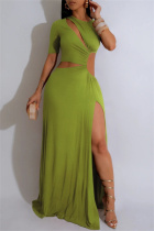Green Sexy Casual Solid Color Hollow Out Slit O Neck Long Dresses