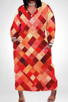 Red Casual Print Pocket Patchwork V Neck Straight Plus Size Dresses