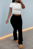 White Black Casual Street Solid Color Contrast O Neck Short Sleeve Two Pieces