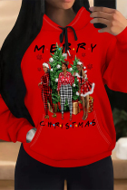 Black Red Casual Party Skull Head Cartoon Print Letters Draw String Pocket Hooded Tops