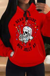Red White Casual Party Skull Head Cartoon Print Letters Draw String Pocket Hooded Tops