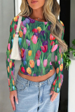 Red Blue Casual Street Geometric Print Contrast O Neck Tops
