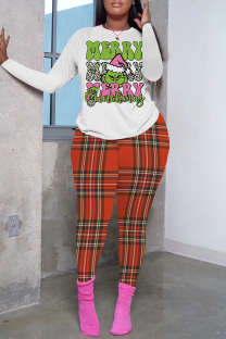 Pink Green Casual Print Basic O Neck Long Sleeve Two Pieces