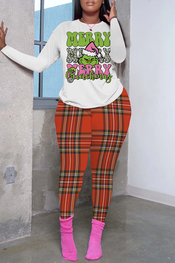 Pink Green Casual Print Basic O Neck Long Sleeve Two Pieces