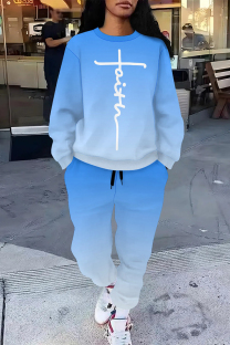 Blue White Casual Street Letter Print Gradient Draw String Pocket Contrast O Neck Long Sleeve Two Pieces