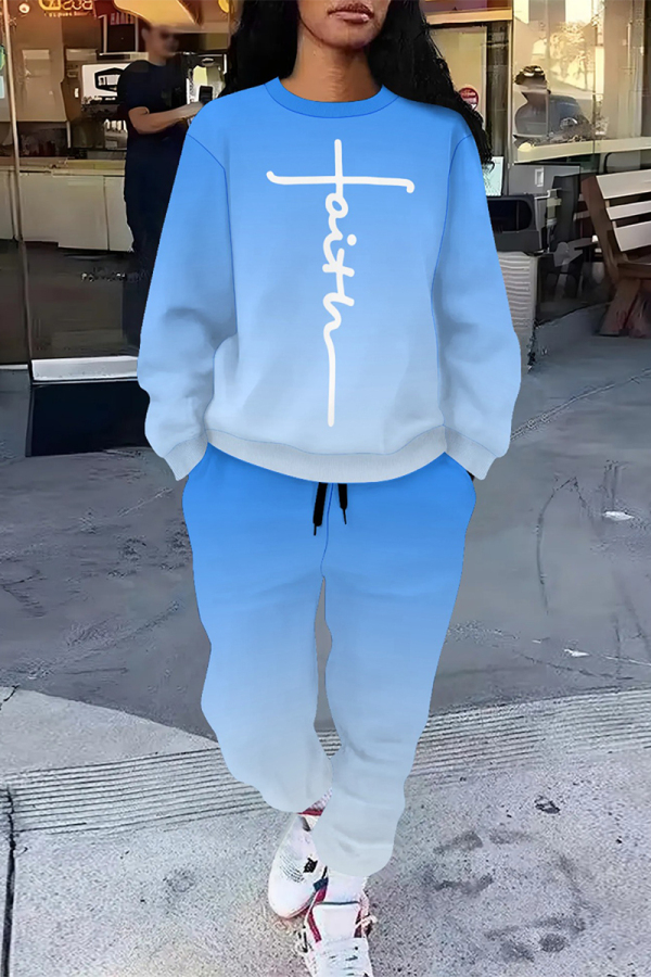 Blue White Casual Street Letter Print Gradient Draw String Pocket Contrast O Neck Long Sleeve Two Pieces