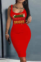 Red Green Casual Print Basic U Neck Vest Dresses