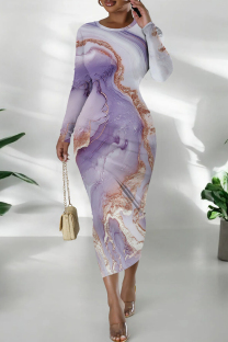 Light Purple Casual Print Patchwork O Neck Long Dresses