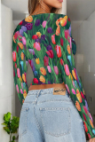 Red Blue Casual Street Geometric Print Contrast O Neck Tops