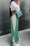 Green Casual Patchwork Contrast Loose Mid Waist Wide Leg Patchwork Bottoms