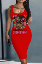 Red Pink Casual Print Basic U Neck Vest Dresses