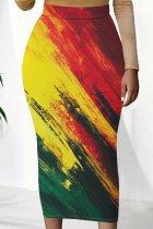 Red Yellow Casual Print Patchwork Regular Mid Waist Conventional Full Print Bottoms