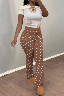 Coffee Casual Street Striped Print Polka Dot Flowers Contrast O Neck Short Sleeve Two Pieces