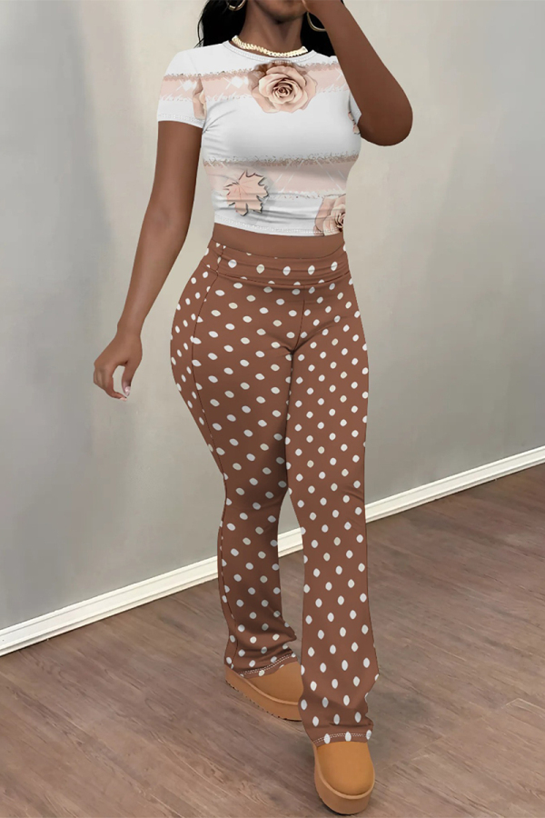 Coffee Casual Street Striped Print Polka Dot Flowers Contrast O Neck Short Sleeve Two Pieces
