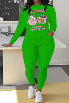 Green Pink Casual Print Basic O Neck Long Sleeve Two Pieces