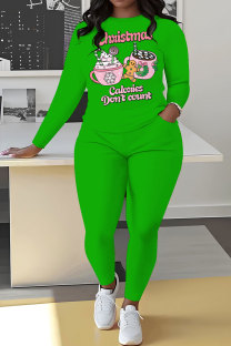 Green Pink Casual Print Basic O Neck Long Sleeve Two Pieces