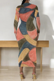 Pink Orange Elegant Geometric Print Contrast O Neck Printed Dresses