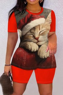 Red-brown Casual Print Patchwork O Neck Short Sleeve Two Pieces
