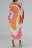 Pink Orange Elegant Geometric Print Contrast O Neck Printed Dresses