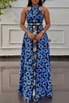 Blue Casual Elegant Print Patchwork O Neck Long Dresses