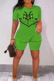 Fruit Green Casual Cartoon Print Basic O Neck Short Sleeve Two Pieces