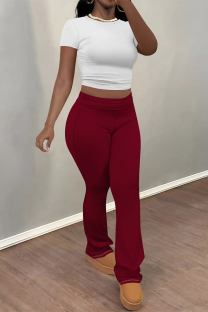 White Red Casual Street Solid Color Contrast O Neck Short Sleeve Two Pieces