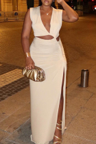 Apricot Elegant Solid Color Hollow Out Patchwork High Slit Deep V Neck Long Dresses