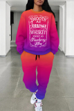Red Purple Casual Street Letter Print Gradient Draw String Pocket Contrast O Neck Long Sleeve Two Pieces