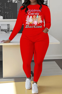 Red Casual Print Basic O Neck Long Sleeve Two Pieces