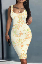 Light Yellow Casual Print Basic U Neck Vest Dresses