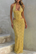 Yellow Sexy Solid Color Lace Hollow Out Patchwork Slit Deep V Neck Long Dresses