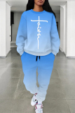 Red Purple Casual Street Letter Print Gradient Draw String Pocket Contrast O Neck Long Sleeve Two Pieces