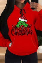 Red Green Casual Party Skull Head Cartoon Print Letters Draw String Pocket Hooded Tops