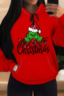 Red Green Casual Party Skull Head Cartoon Print Letters Draw String Pocket Hooded Tops
