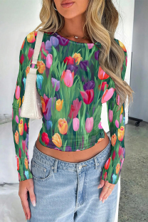 Green Casual Street Geometric Print Contrast O Neck Tops