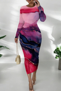 Red Purple Casual Print Patchwork O Neck Long Dresses