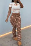 Coffee Casual Street Striped Print Polka Dot Flowers Contrast O Neck Short Sleeve Two Pieces